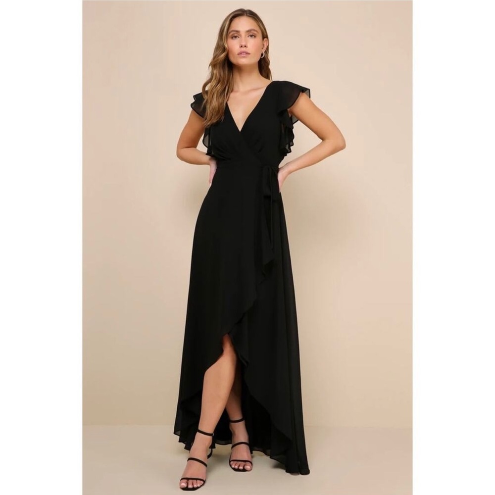 Lulu's Black Ruffle Wrap High-Low Maxi Dress